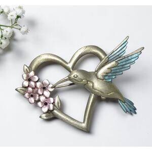 Vintage Heart Hummingbird Flower Brooch JJ JONETTE Pewter Blue Pin 3476-22